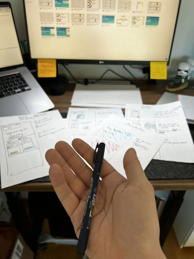 Sketches and a remote design sprint board at my desk